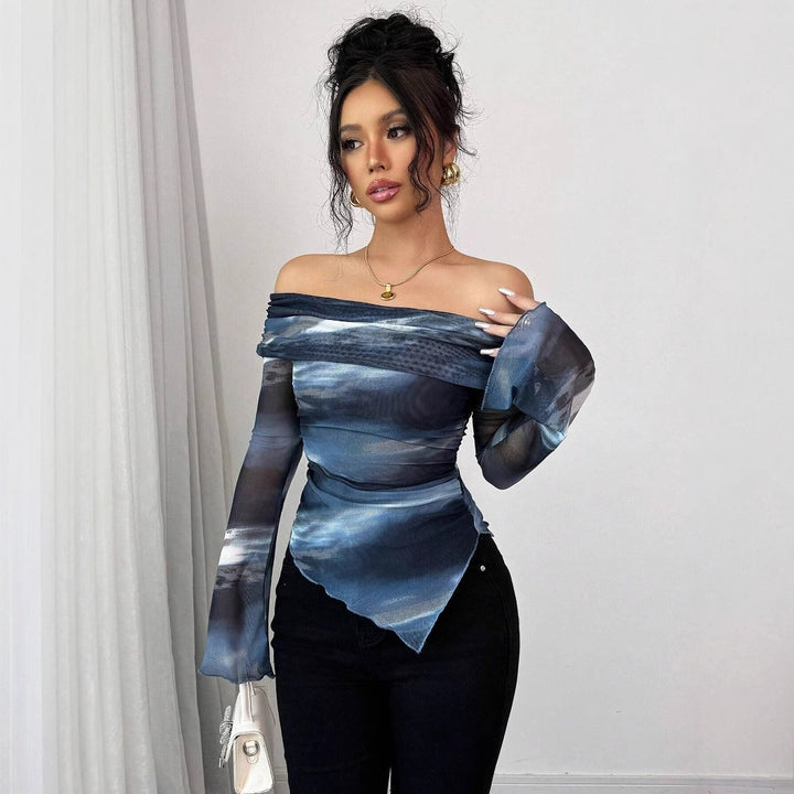 Women's shoulder-free mesh wrap top with asymmetrical handkerchief hem and long flared sleeves Mune Fashion