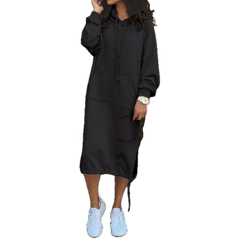 Women's Oversize Hoodie-Midi Dress with Drawstring Hem and Side Slit Details Mune Fashion