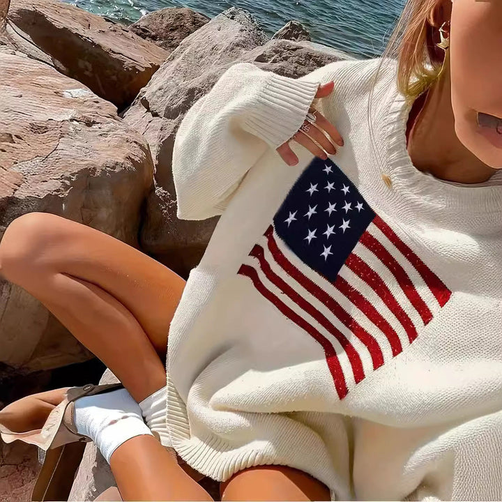 Women's Knitted Sweater with American Flag Motif Mune