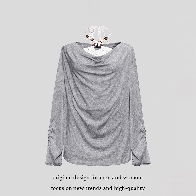 Women Long Draped Long Sleeve Shirt with Waterfall Collar and Gathered Sleeves Mune Fashion