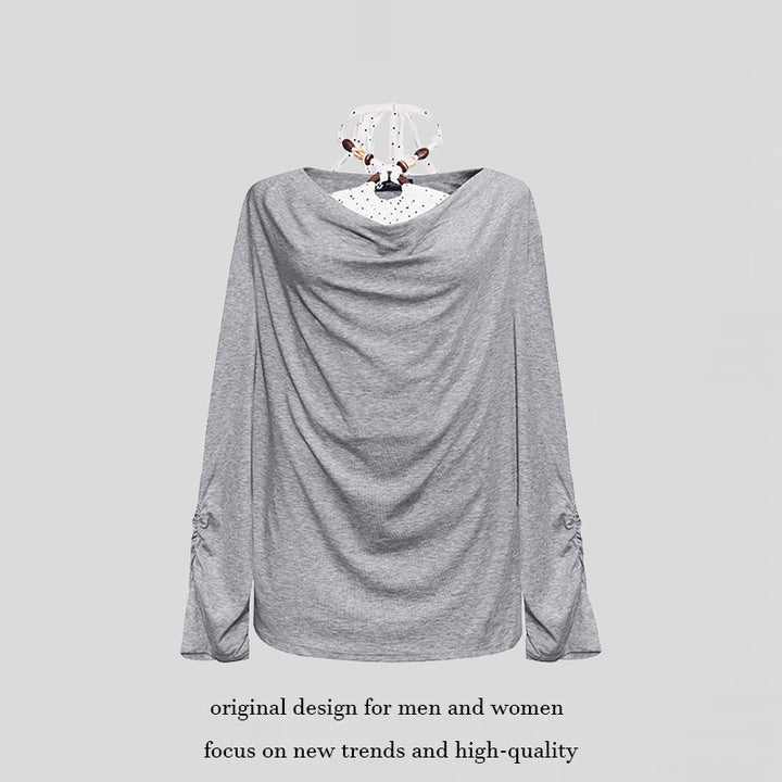 Women Long Draped Long Sleeve Shirt with Waterfall Collar and Gathered Sleeves Mune Fashion