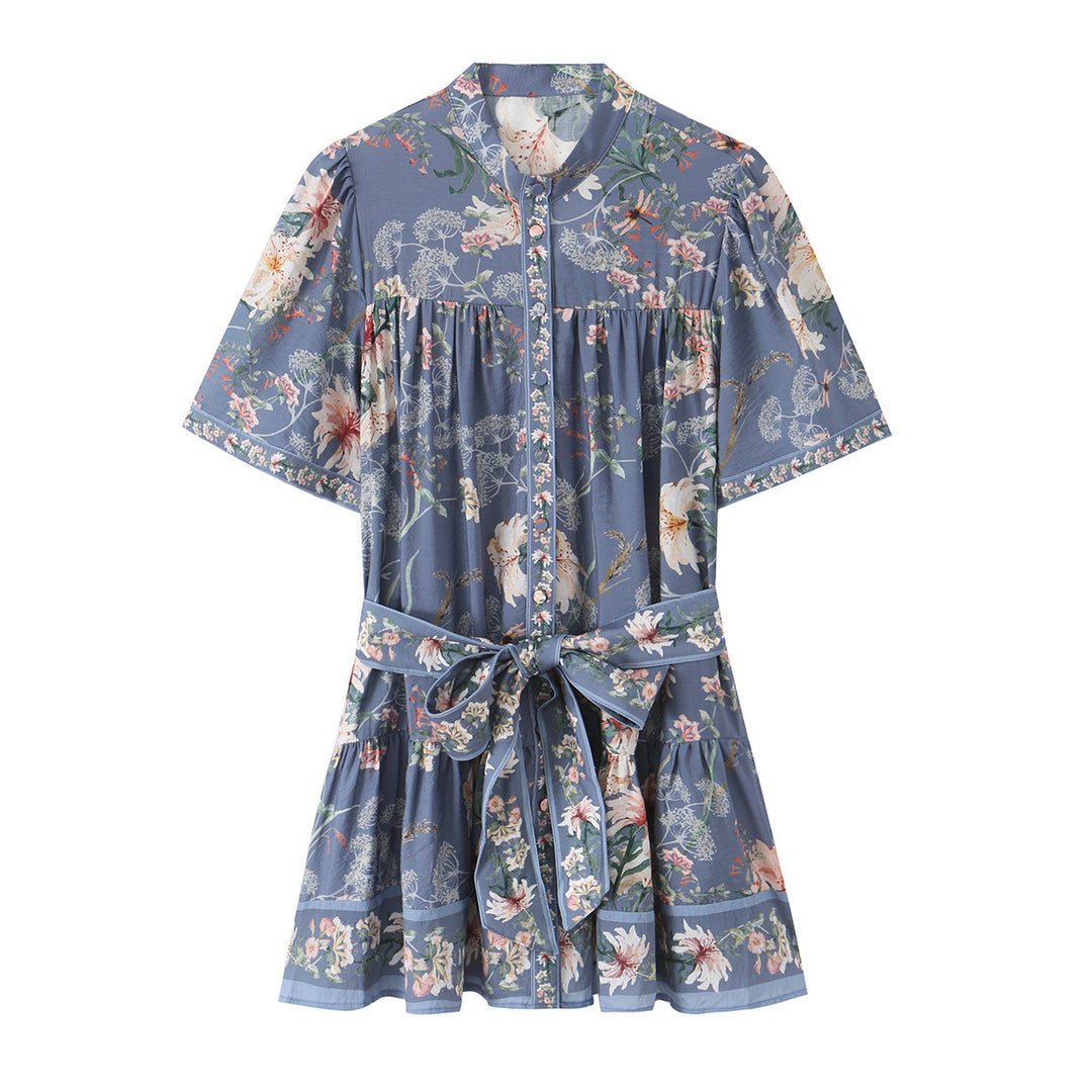 Women's floral shirt dress with waist belt and tiered skirt Mune Fashion