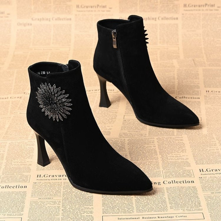 Women Elegant Suede Ankle Boots with Glitter Pin Mune Fashion