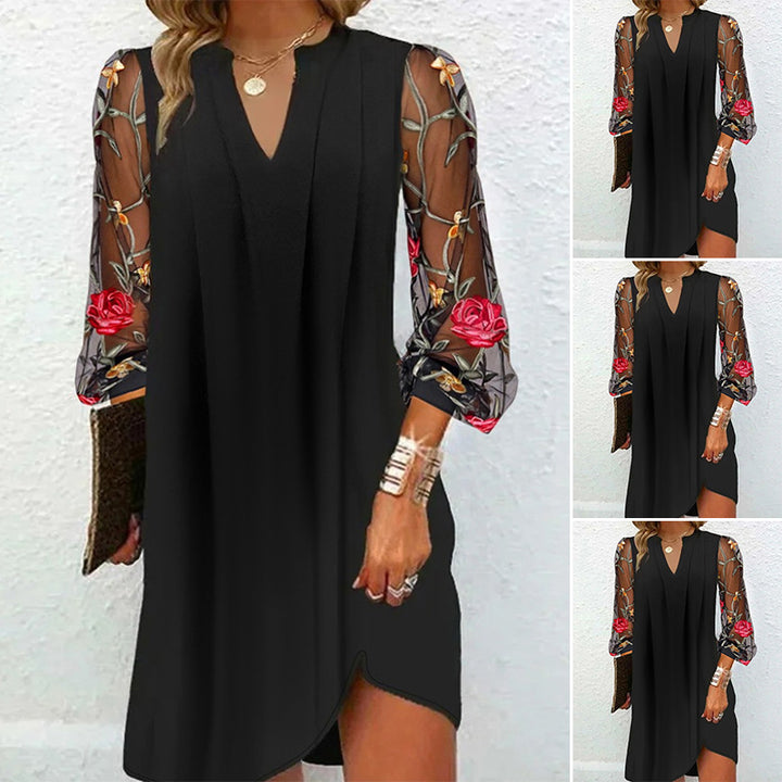 Women's airy A-line dress with V-neck and embroidered transparent mesh sleeves Mune Fashion