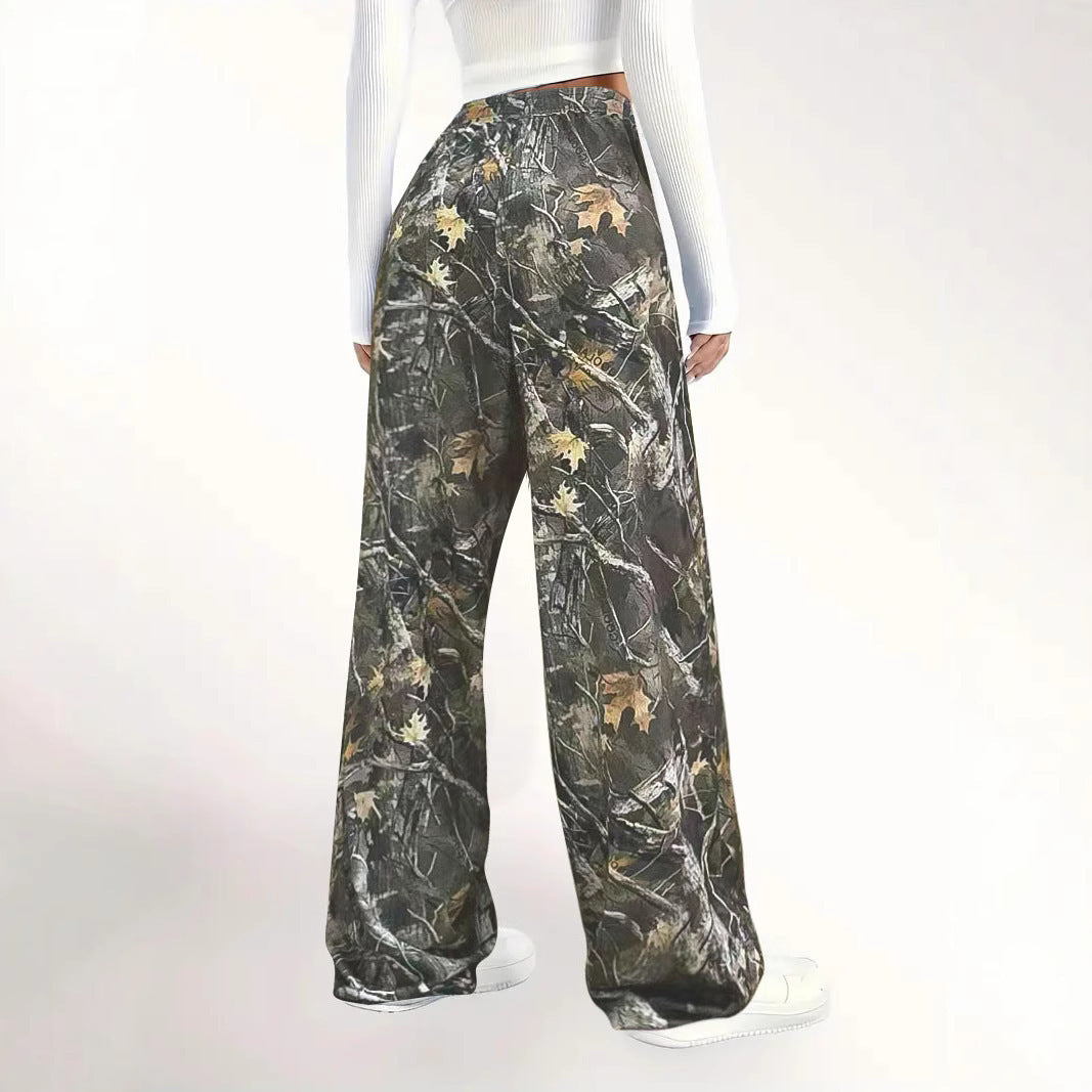 Women's Wide Palazzo Lounge Pants in Camouflage Leaf Pattern with Elastic Waistband, Drawstring and Side Pockets Mune Fashion