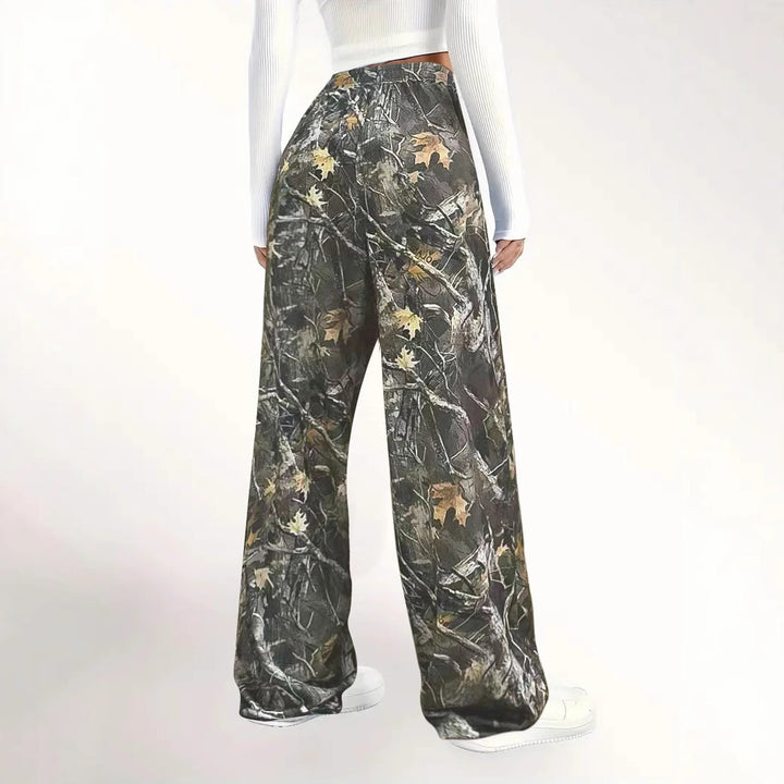 Women's Wide Palazzo Lounge Pants in Camouflage Leaf Pattern with Elastic Waistband, Drawstring and Side Pockets Mune Fashion
