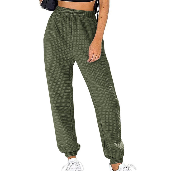 Women Waffle Knit Jogging Pants with High Waist and Elastic Cuffs Mune Fashion