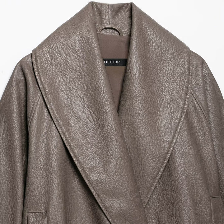 Women's Short Tailored Leather-Look Jacket with Oversized Shawl Collar and Gathered Hem Mune Fashion