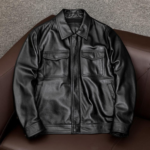 Men's overshirt leather jacket with chest pockets and concealed zipper Mune Fashion