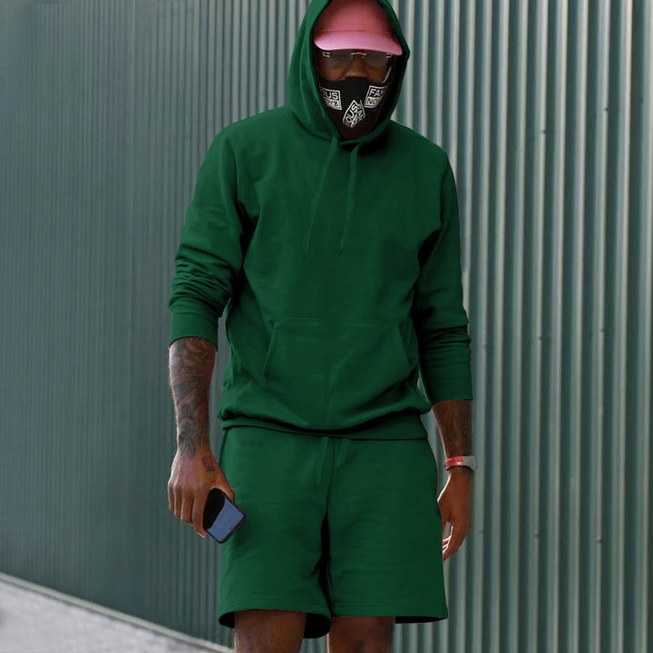 Men's two-piece leisure set hoodie and sweat shorts made of French Terry with kangaroo pocket and drawstring Mune Fashion