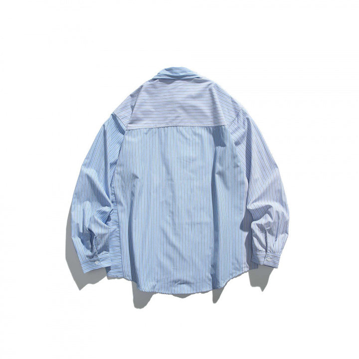Unisex Oversize Shirt Jacket in Patchwork Stripe Look with Chest Pocket and Rounded Hem Mune Fashion