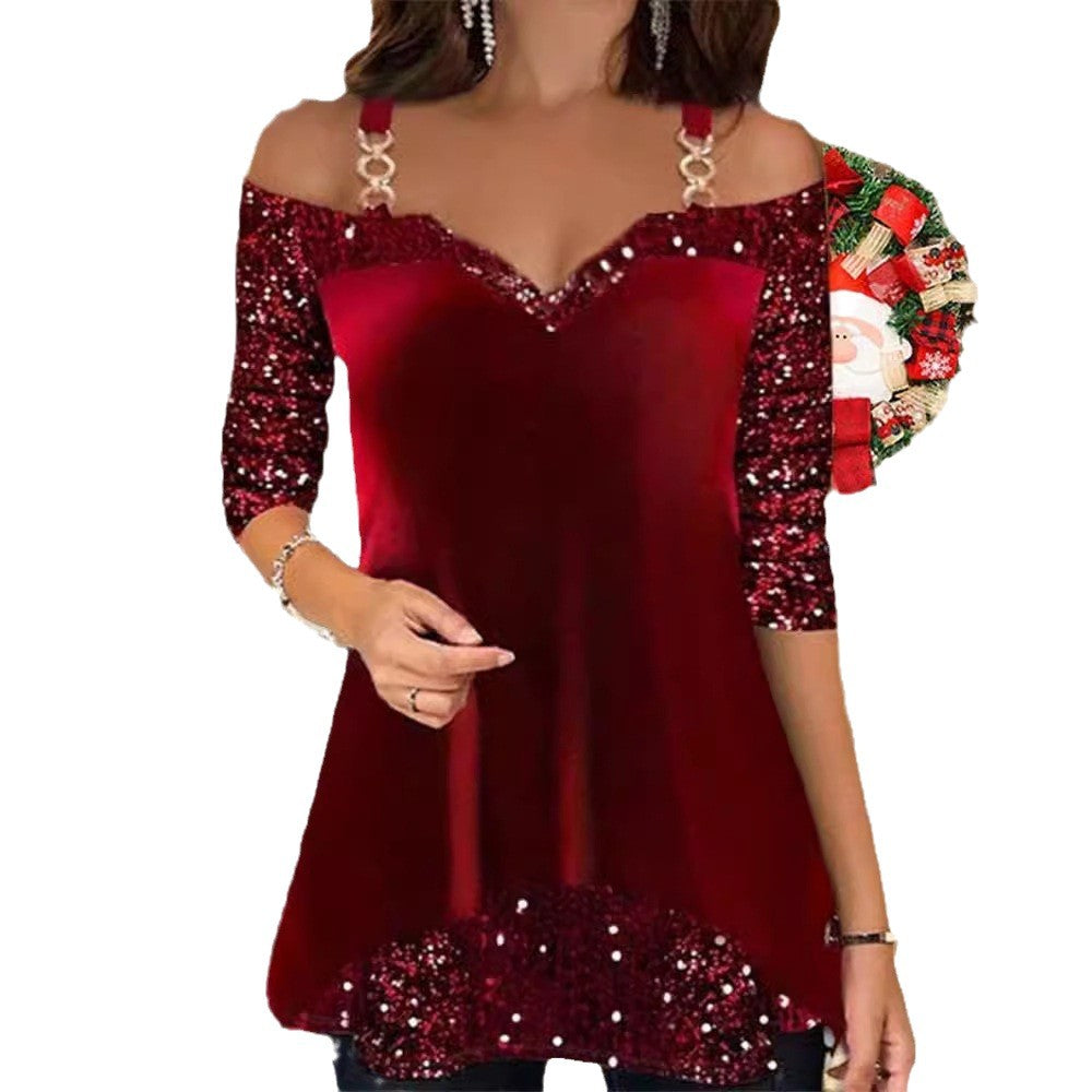 Ladies off-shoulder tunic top with V-neck, decorative chain straps and sequin sleeves Mune Fashion