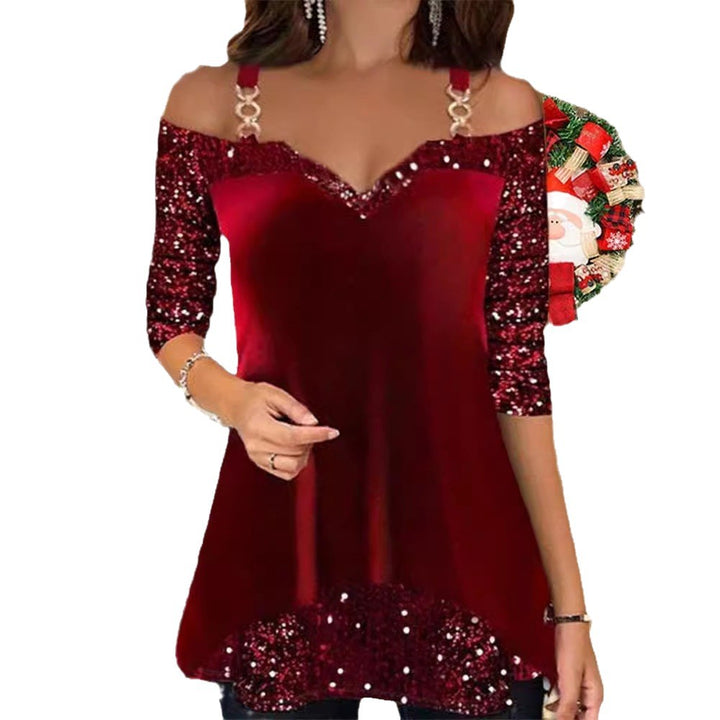 Ladies off-shoulder tunic top with V-neck, decorative chain straps and sequin sleeves Mune Fashion