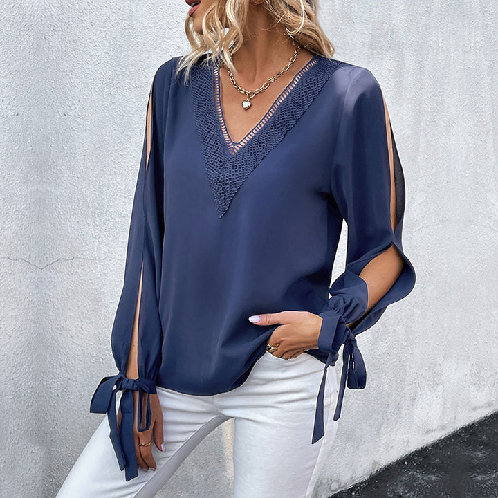 Women's voile blouse with V-neck, lace yoke, sleeve slits, and bow cuffs Mune Fashion