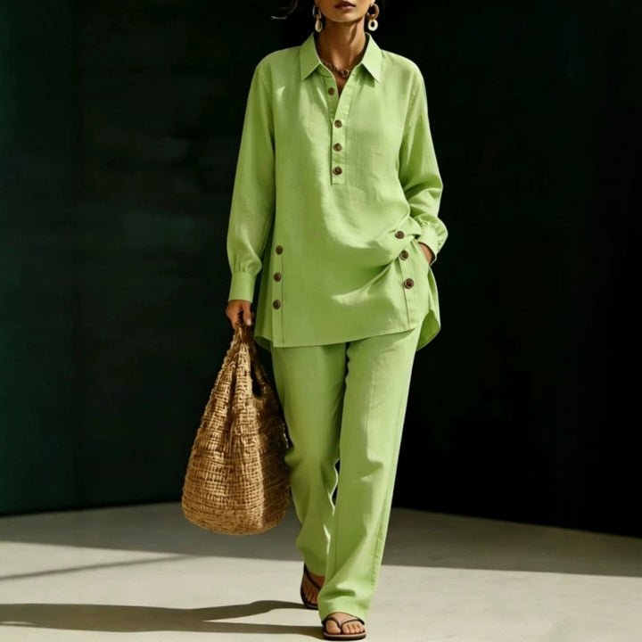 Women two-piece tunic set made of lightweight linen blend with shirt collar and side decorative buttons Mune Fashion