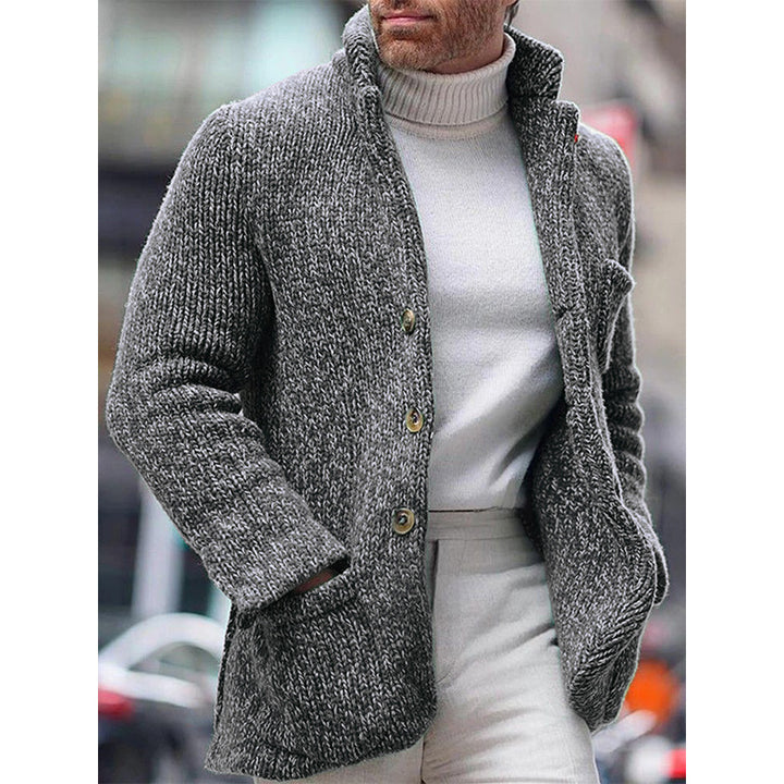 Men's chunky knit cardigan jacket with high stand-up collar and patched pockets Mune Fashion