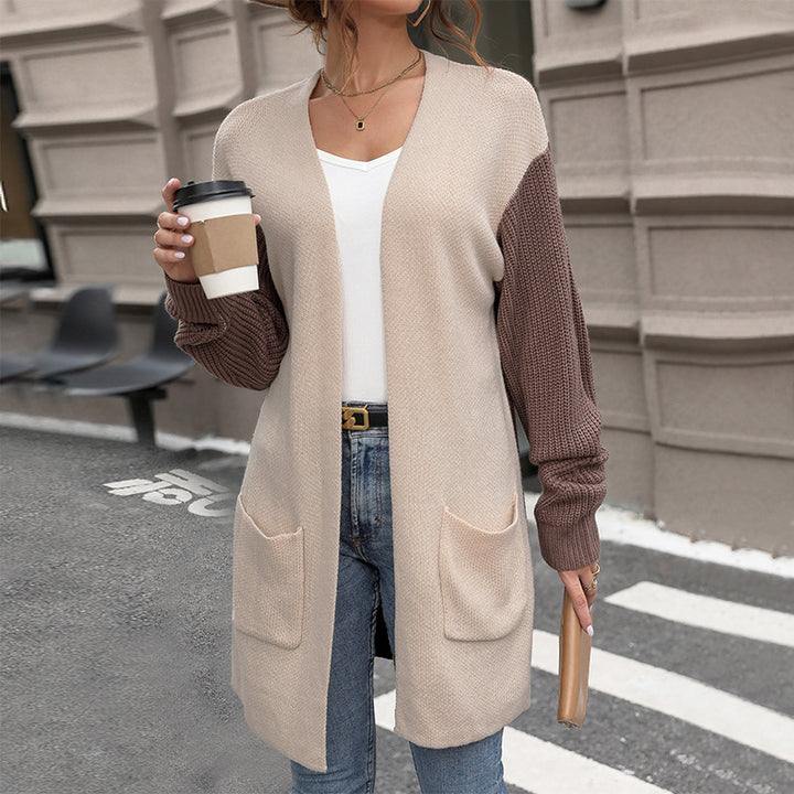 Women's Long Cardigan with Contrast Sleeves and Patch Pockets Mune Fashion