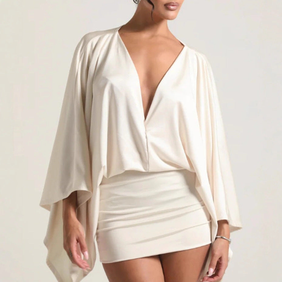 Women nan cape mini dress with deep V-neck, batwing sleeves and tailored mini skirt Mune Fashion