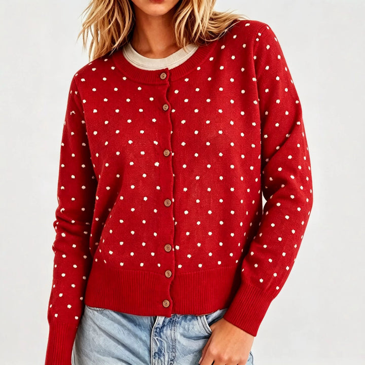 Women's Dotted Fine Knit Cardigan with Round Neck and Ribbed Cuffs Mune Fashion