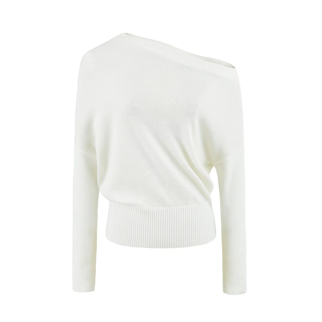 Women's Oversize One-Shoulder Pullover with Batwing Sleeves and Wide Ribbed Cuff Mune Fashion
