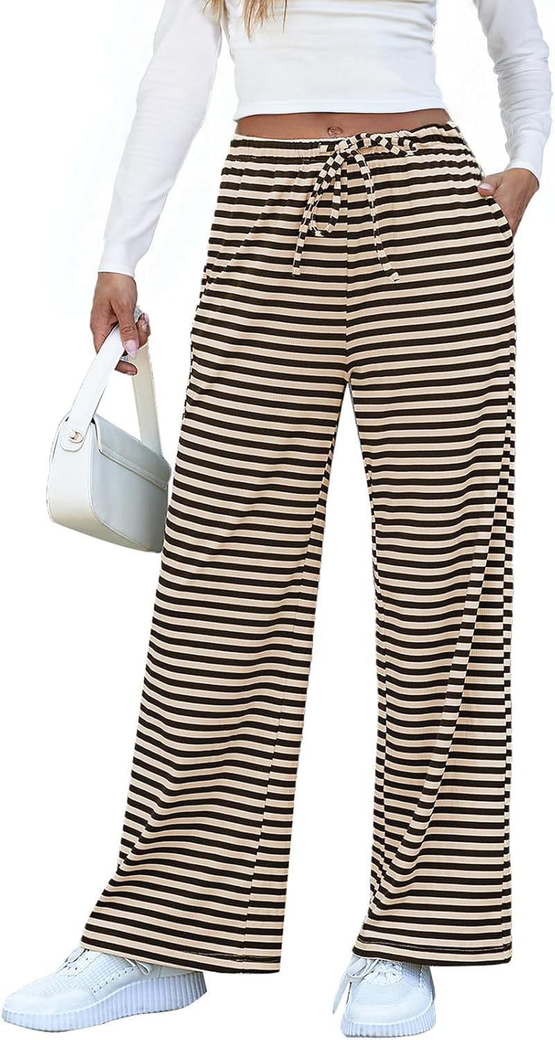 Ladies wide striped pants with elastic waistband and drawstring Mune Fashion