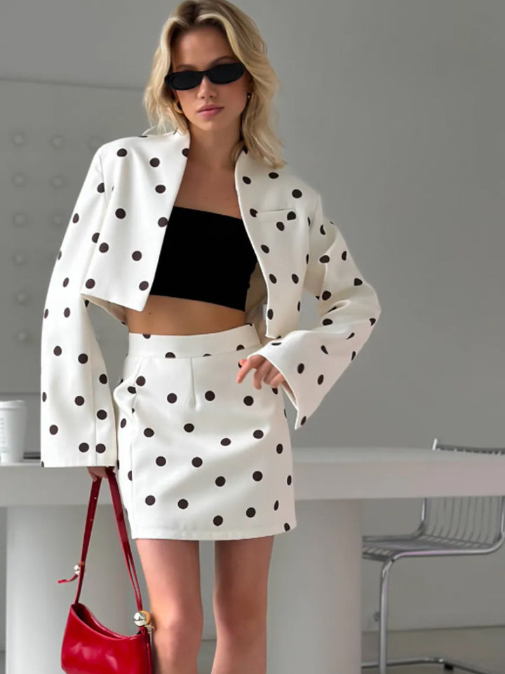 Women's Polka Dot Two-Piece Set with Cropped Blazer and High-Waist Mini Skirt Mune Fashion