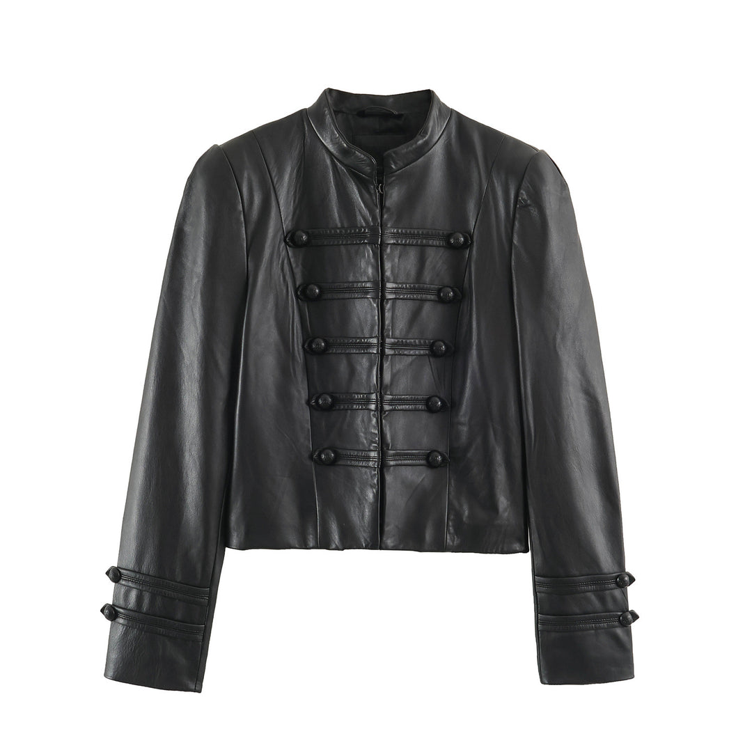 Women tailored military-inspired leather jacket with stand-up collar, decorative strap and button placket Mune Fashion