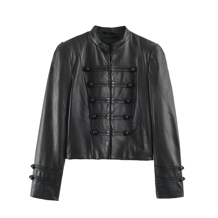 Women tailored military-inspired leather jacket with stand-up collar, decorative strap and button placket Mune Fashion