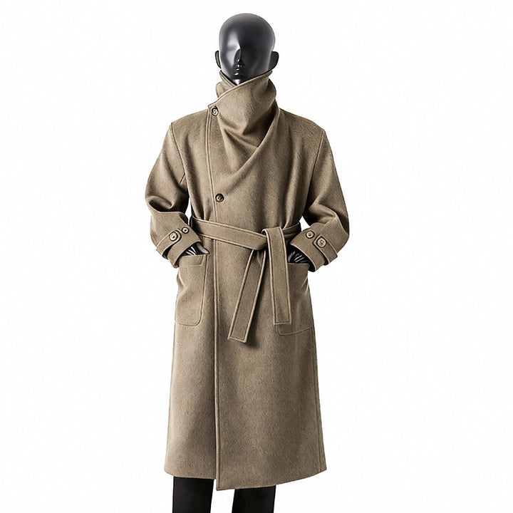 Ladies Elegant long wool mix cocoon coat with overlapping shawl collar and patch pockets Mune Fashion