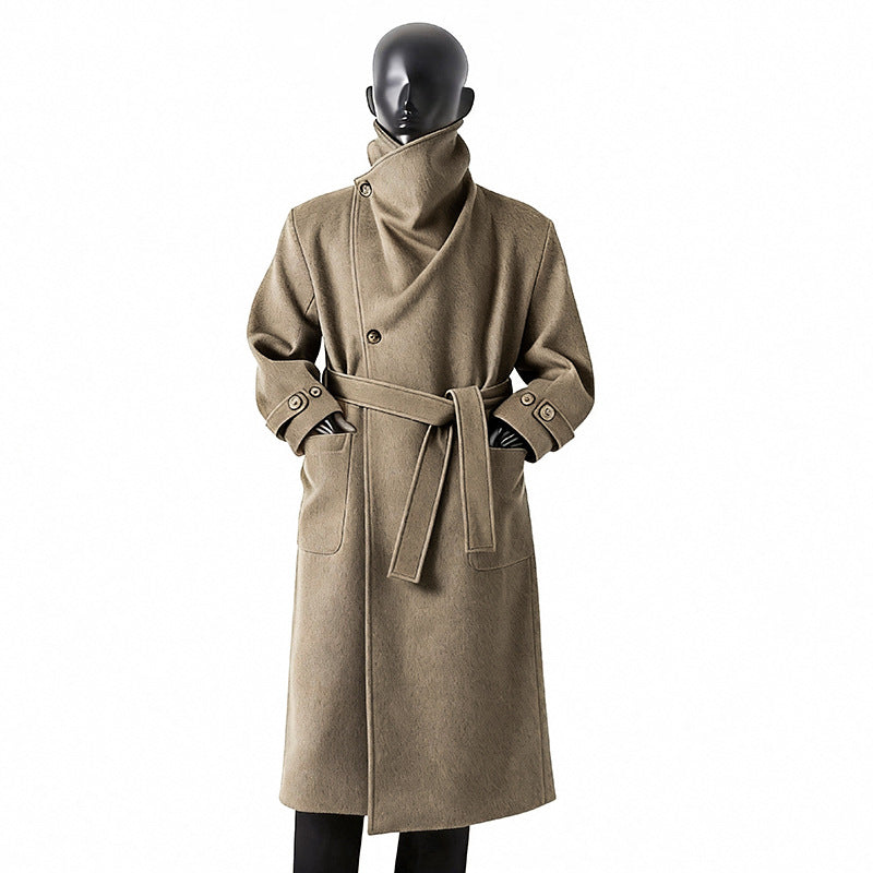 Men's Elegant Long Coat made of Wool Blend with Generous Shawl Collar and Roll-Up Cuffs Mune Fashion