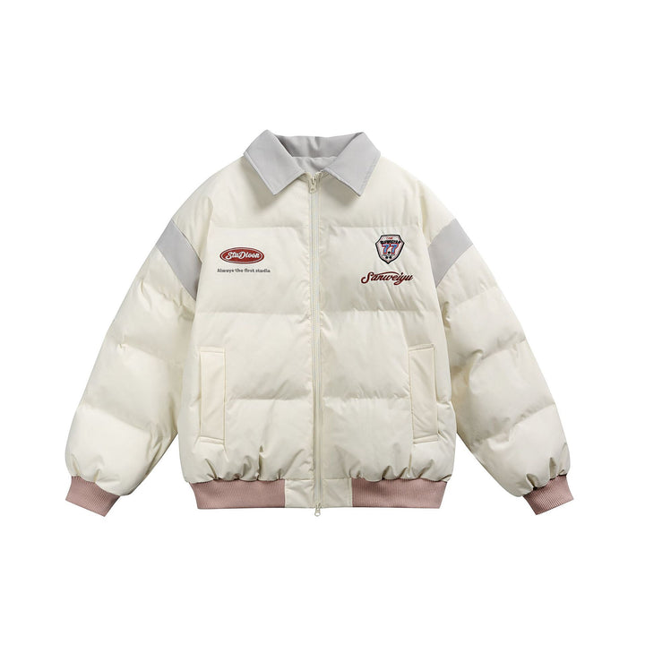 Women's short padded blouson jacket with contrasting collar and embroidery details Mune Fashion