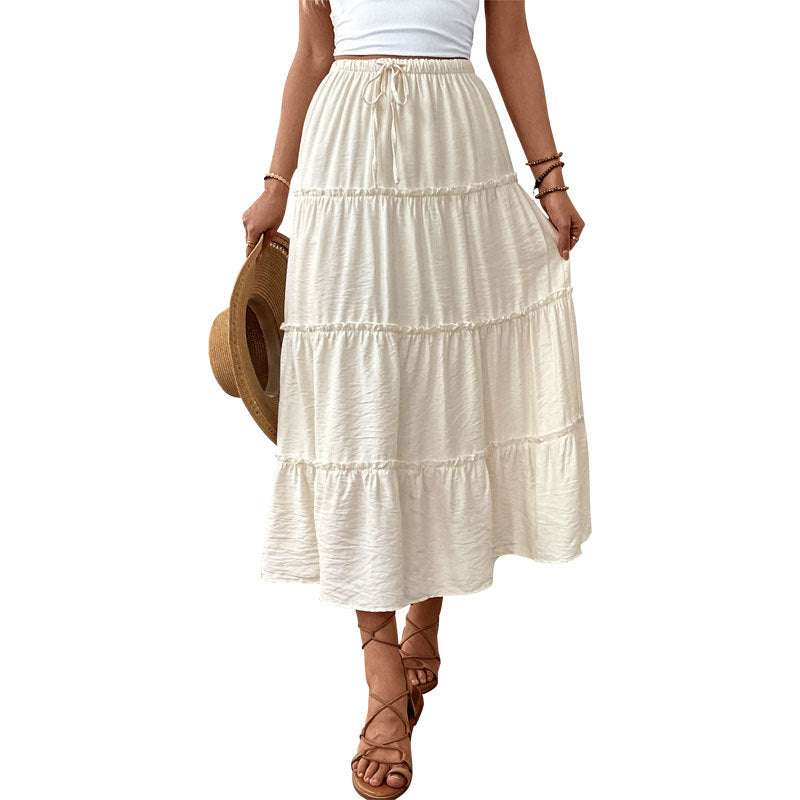 Women’s tiered maxi skirt with elastic drawstring waistband and light crinkle quality Mune Fashion