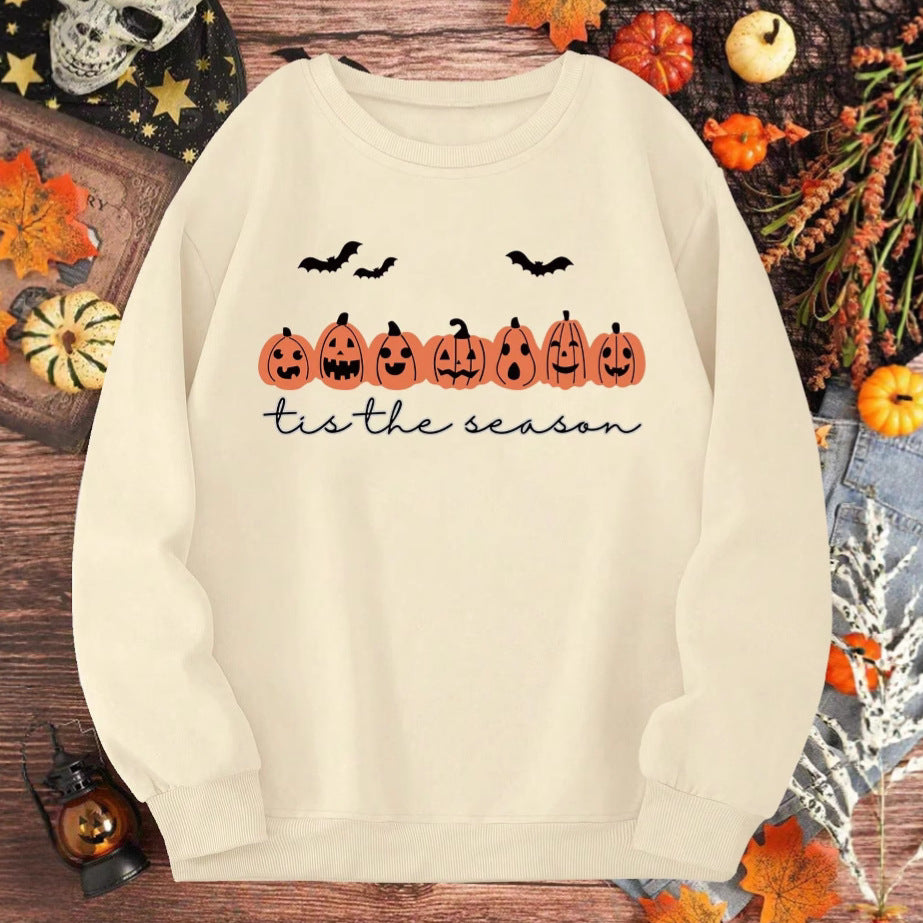 Women's Oversized Sweatshirt with Halloween Pumpkin Print and Round Neck