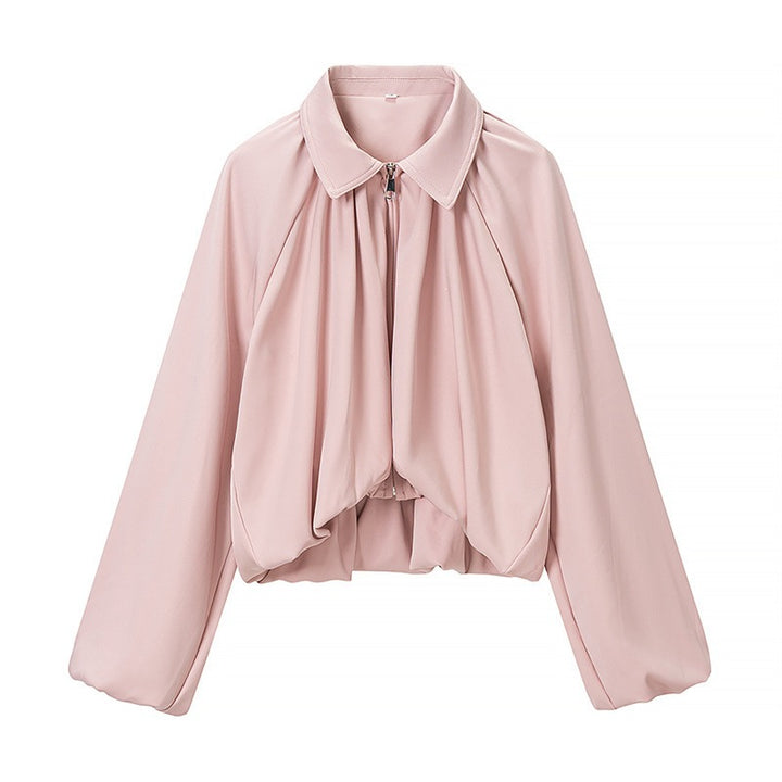 Women Cropped Jacket with Draped Front, Zipper and Balloon Sleeves Mune Fashion