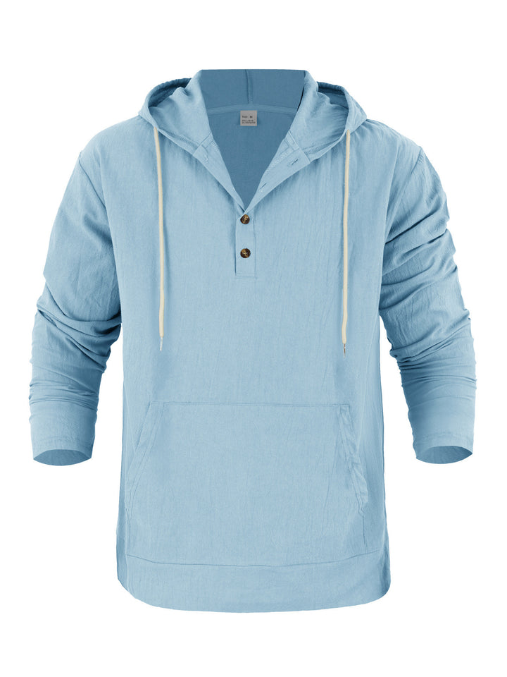 Men's Lightweight Hooded Henley Made of Cotton-Linen with Kangaroo Pocket Mune Fashion
