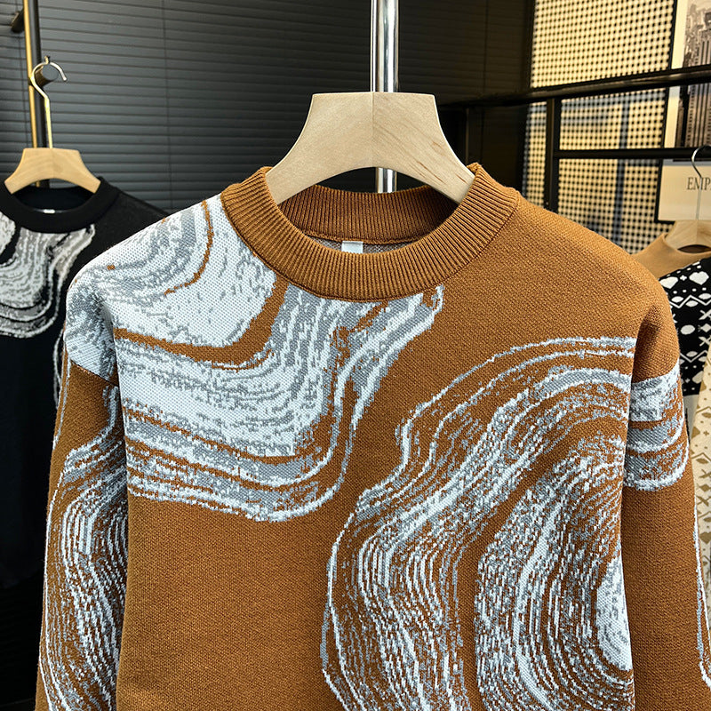 Men's chunky knit crew neck sweater with abstract marble jacquard Mune Fashion