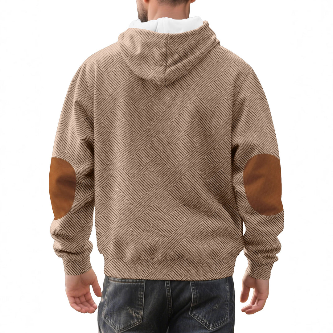 Men's structured hoodie henley pullover with jacquard texture, button placket, and elbow patches Mune Fashion