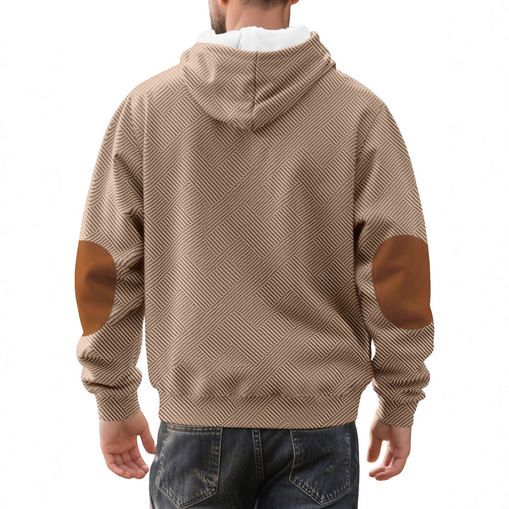 Men's structured hoodie henley pullover with jacquard texture, button placket, and elbow patches Mune Fashion