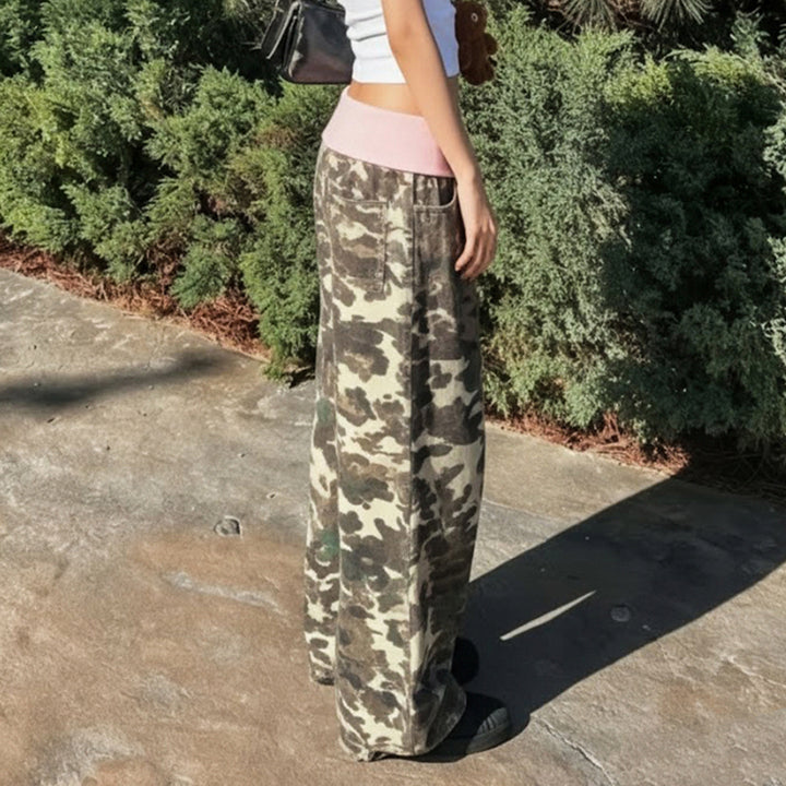 Women's wide lounge pants with foldover waistband, camouflage pattern and elastic comfort stretch Mune Fashion