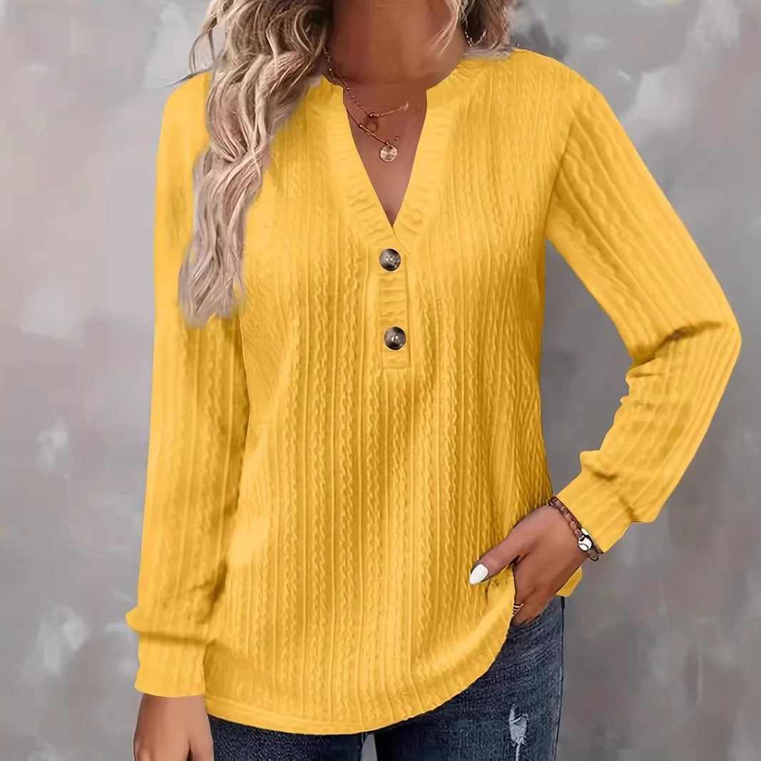 Women Structured V-Neck Long Sleeve Shirt with Decorative Button Placket Mune Fashion