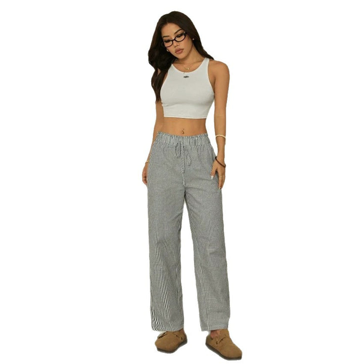 Women Linen Look Relaxed Trousers with High Waist, Drawstring and Pinstripes Drune