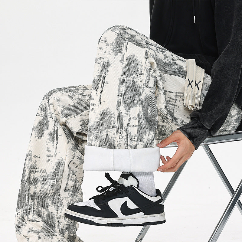 Men's Wide Cut Lounge Pants with Abstract Allover Print, Elastic Waistband and Drawstring Mune Fashion