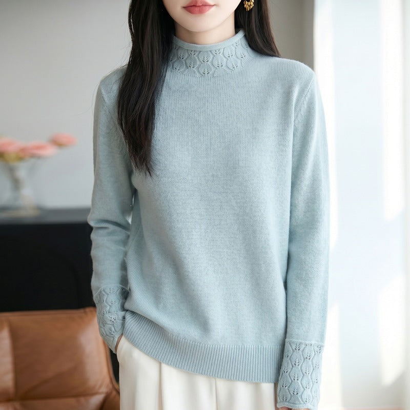 Women's Mockneck Fine Knit Sweater with Openwork Detail at Collar and Cuffs Mune Fashion