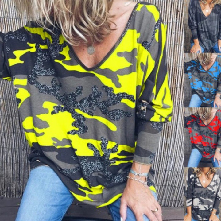 Women's Oversize V-Neck Long Shirt with Camouflage Print and Glitter Trim Mune Fashion