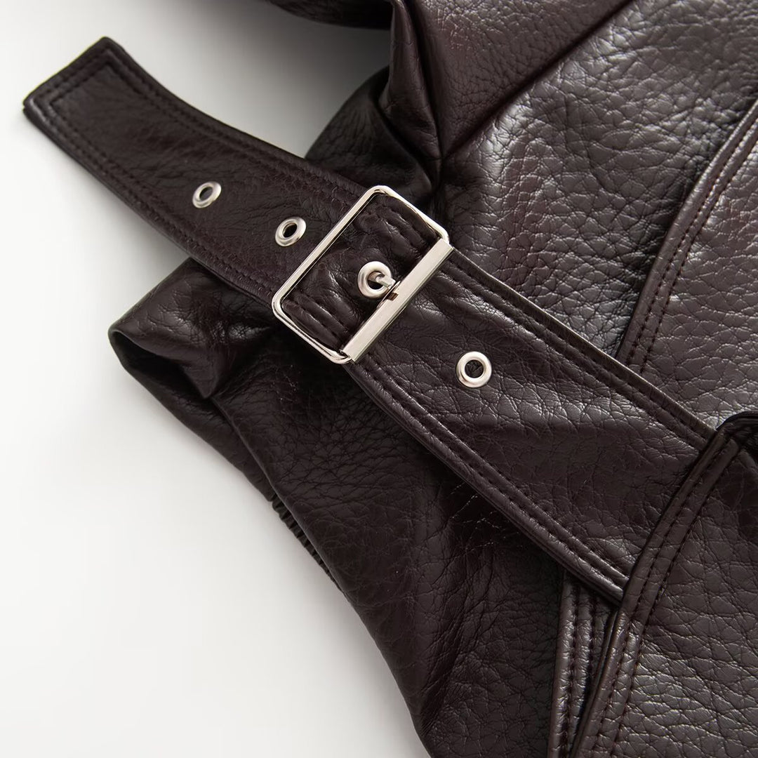 Women's Short Cut Wrap Jacket made of Leather Look with Large Shawl Collar and Waist Belt Mune Fashion