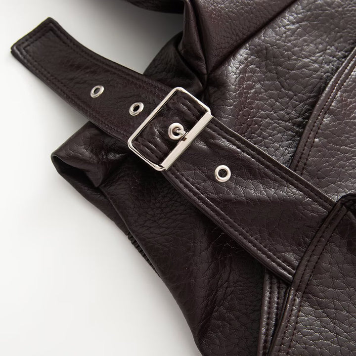 Women's Short Cut Wrap Jacket made of Leather Look with Large Shawl Collar and Waist Belt Mune Fashion
