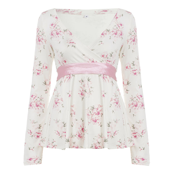 Women's floral wrap shirt with V-neck, tailored empire cut and wide satin ribbon Mune Fashion