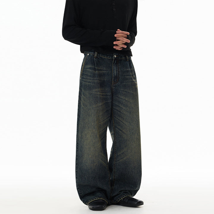 Men's Ultra Wide Floor-Length Denim Palazzo Pants in Marlene Baggy Style with Deep Crotch Mune Fashion