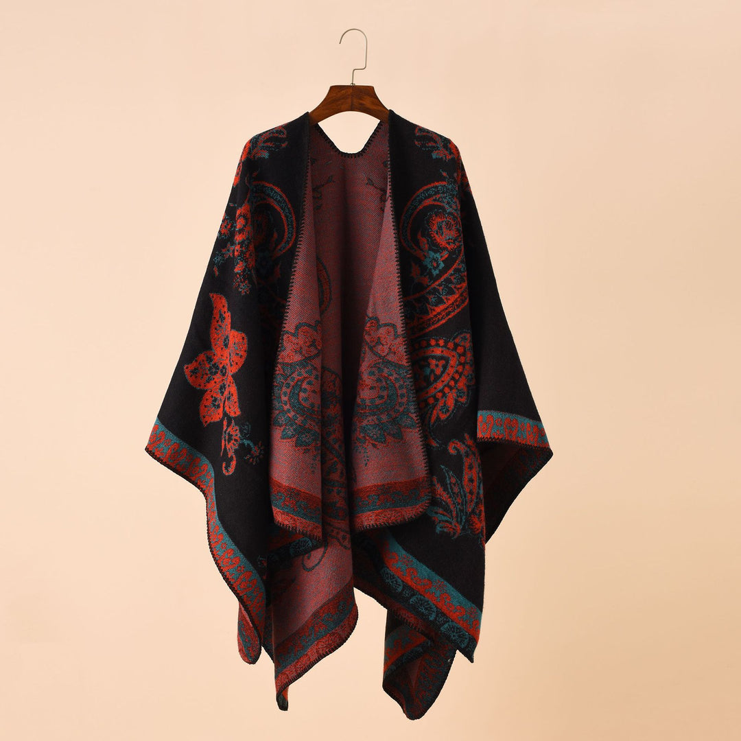Ladies Elegant Jacquard Poncho with Paisley Pattern and Open Front Mune Fashion