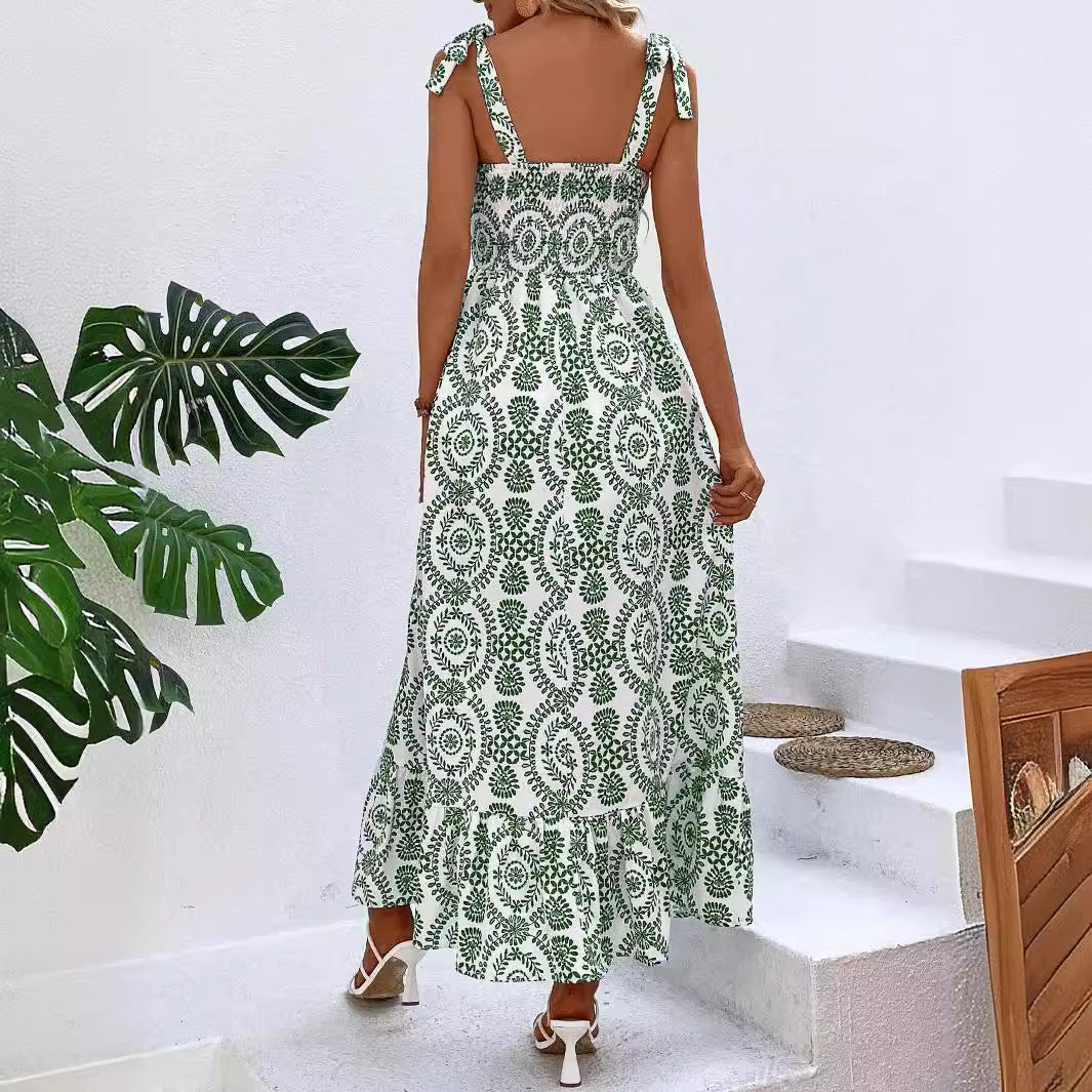 Women's maxi dress with smocked bustier, tie straps, and side leg slit Mune Fashion